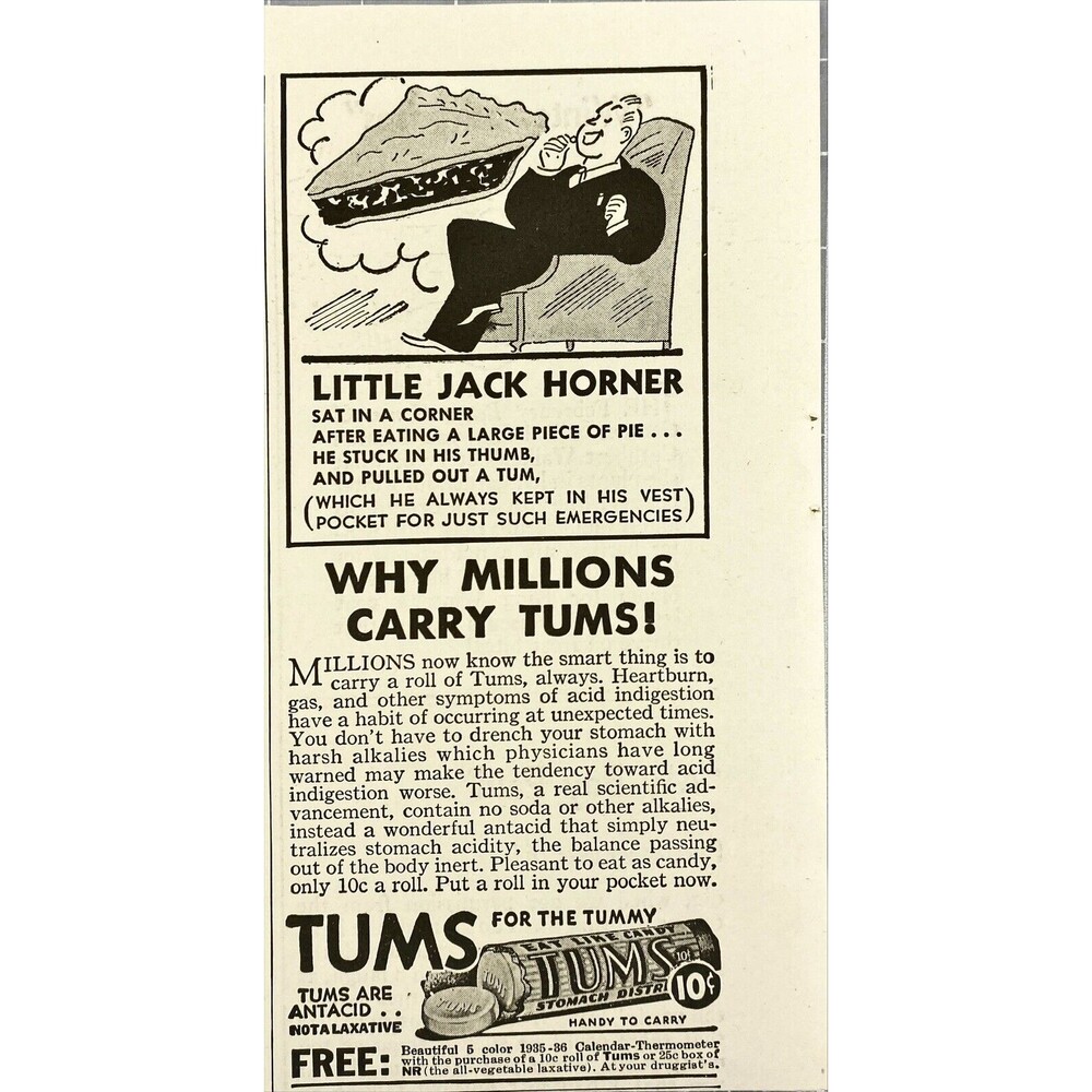 TUMS for the Tommy "Little Jack Horner eating Pie" VTG Print Ad 1936